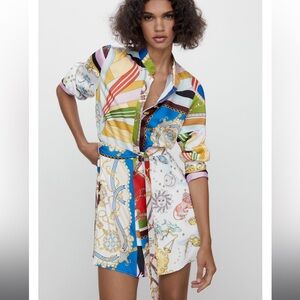 Zara Scarf Print Shirt Dress Shirtdress Belted